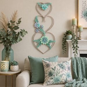 Hobby Lobby Pastel Green & Blue Succulents 3 Heart Wall Decor New with Tags